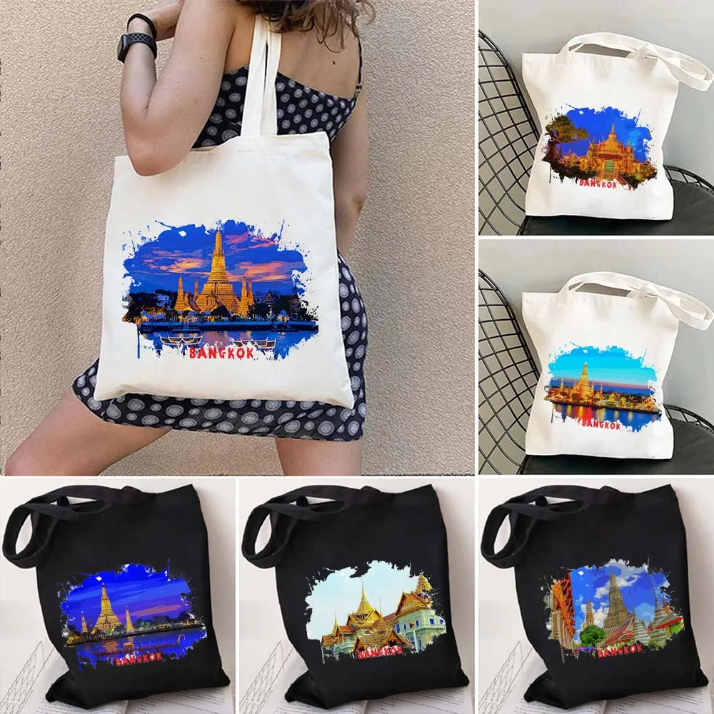 Bangkok Thailand Watercolor Ink Painting Shoulder Canvas Tote Bag Harajuku Shopping Fashion Casual Summer Beach Shopper Handbags