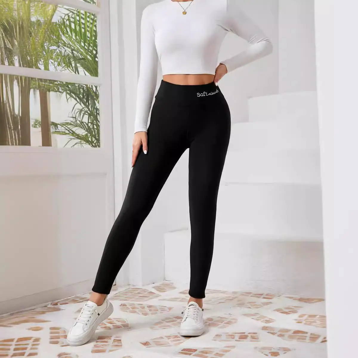 Leggings elásticos bordados con forro de Fce de cintura alta para mujer, pantalones largos cálidos, pantalones cómodos de tela suave para invierno