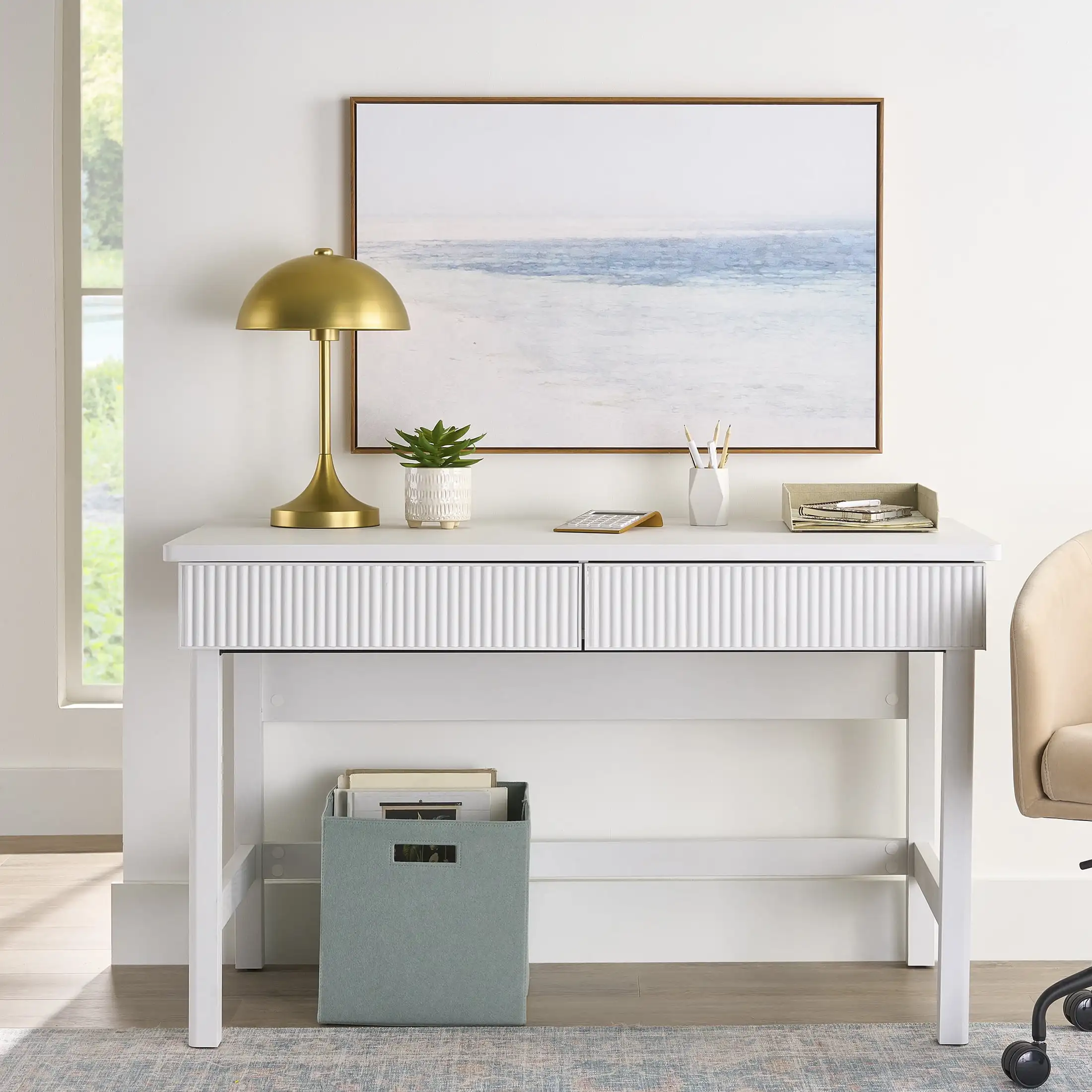 Lillian Fluted Desk, White finish A desk in a workspace or any room in your home has two small drawers