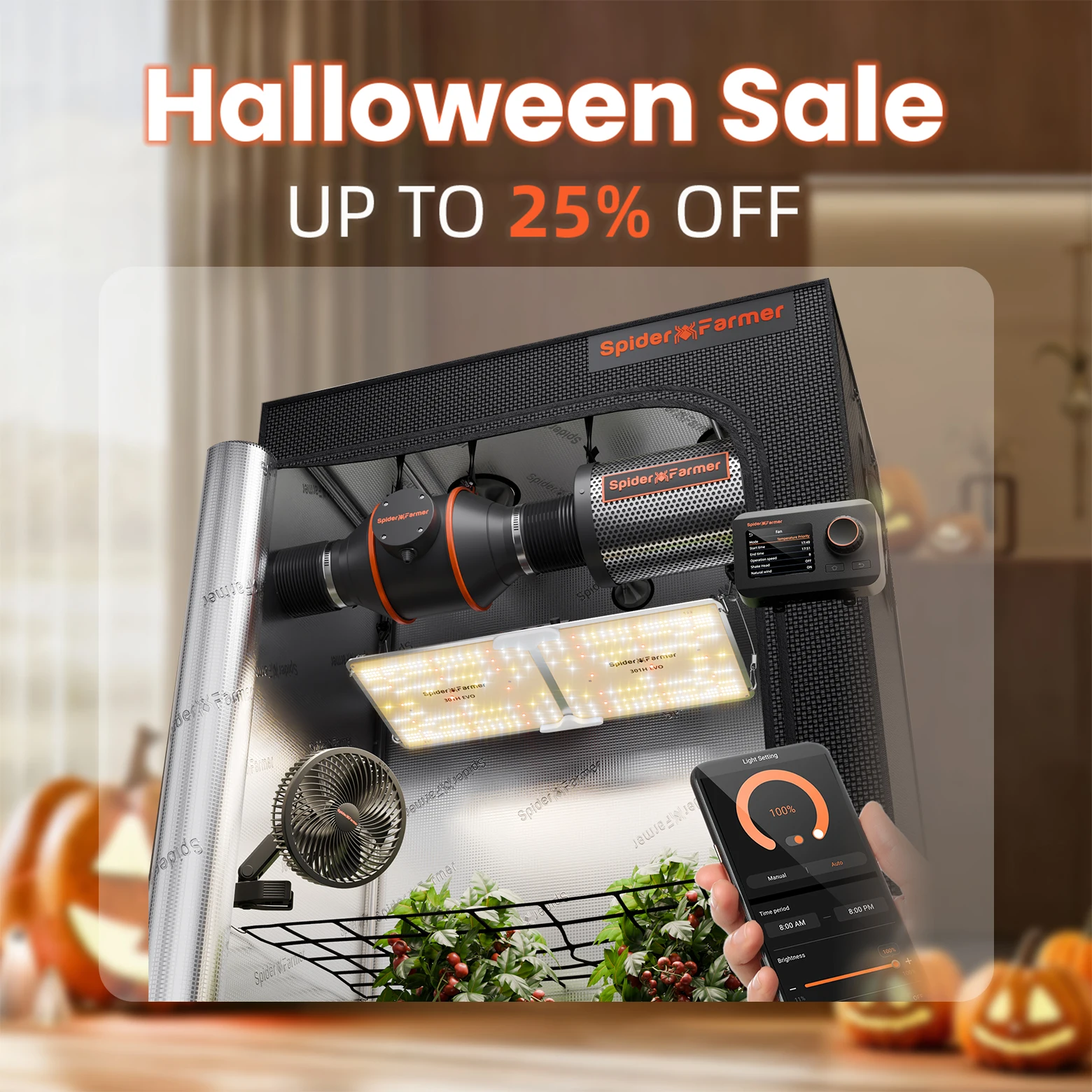 Spider Farmer 1.2x0.6x1.8m Smart Grow Tent Kit with GGS+SF2000 301H EVO LED Grow Light+6” Clip Fan+4” Inline Fan Kits