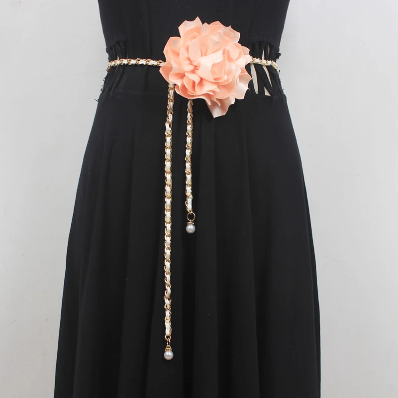 Multi-color Big Satin Fabric Flower Waist Chain for Women 2023 Creative Design Gold Long Adjustable Dress PU Waist Belts Chain