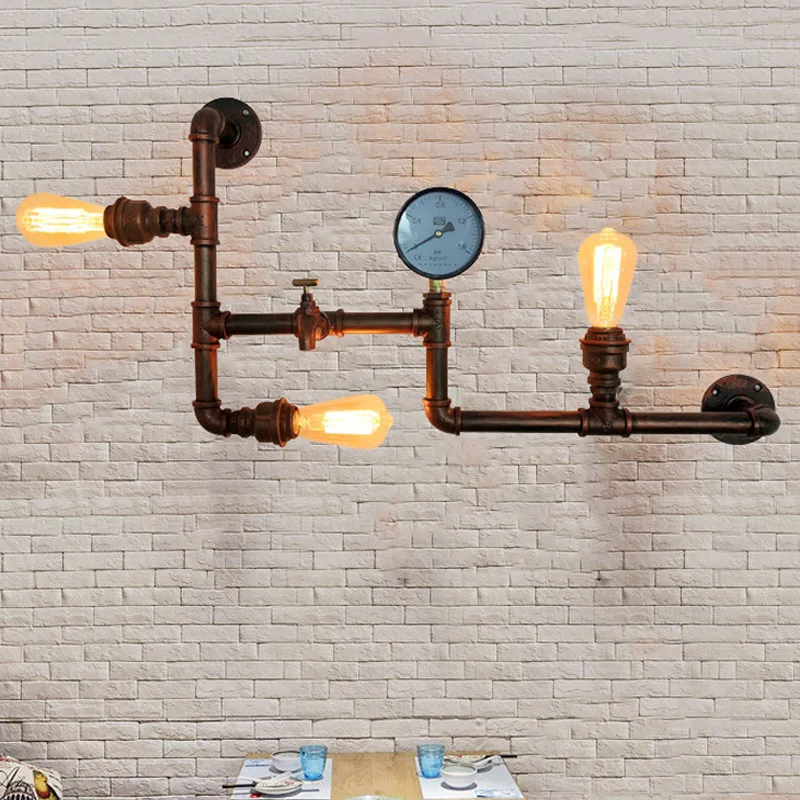 

American Style Water Pipe Wall Lamp Industrial Style Bar Restaurant Aisle Creative Three End Loft Retro Nostalgic Wall Light Bra