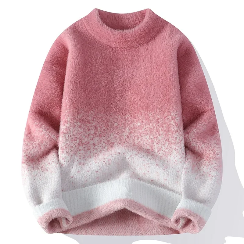 Imitation Mink Sweater for Men's Gradient Knitted Sweater for Couples Round Neck Thickened Warm Casual Pullover
