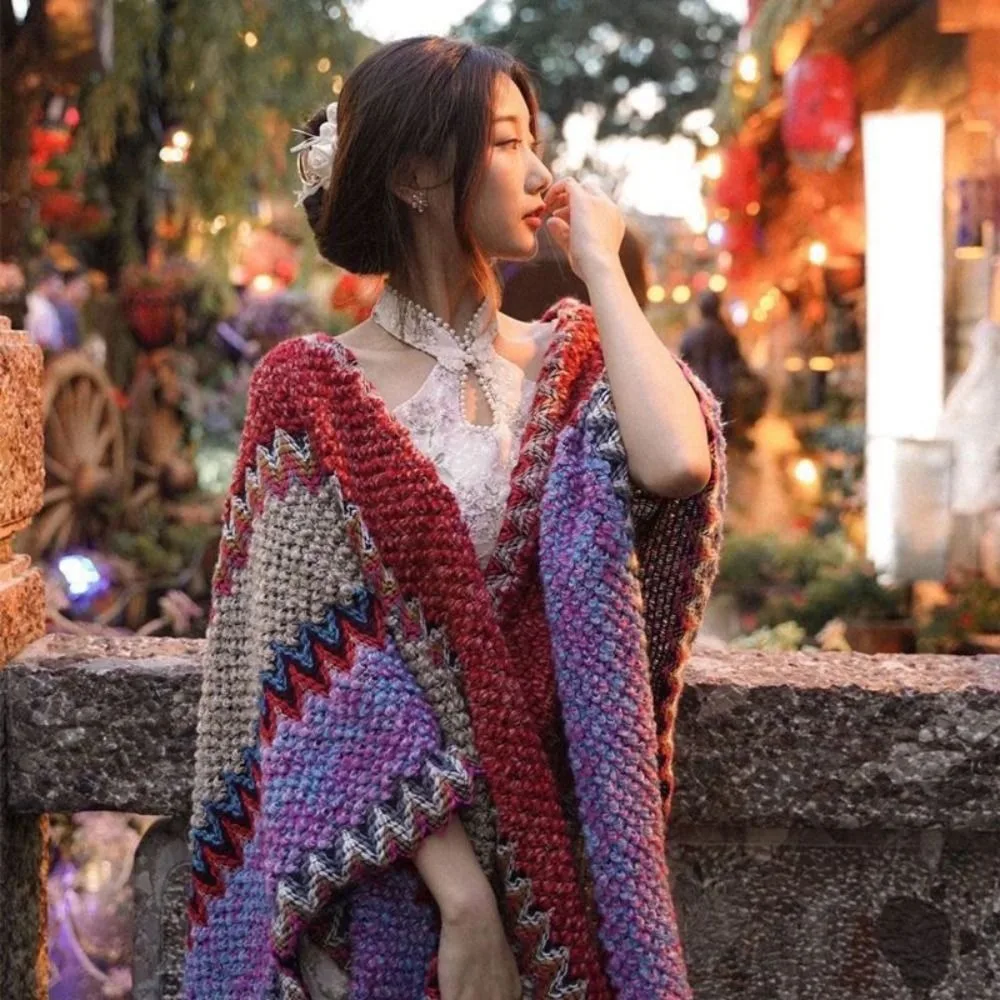 Large Printing Ethnic Style Shawl Neck Wrap Warm Knitted Cape Stripe Large Poncho Cape Women