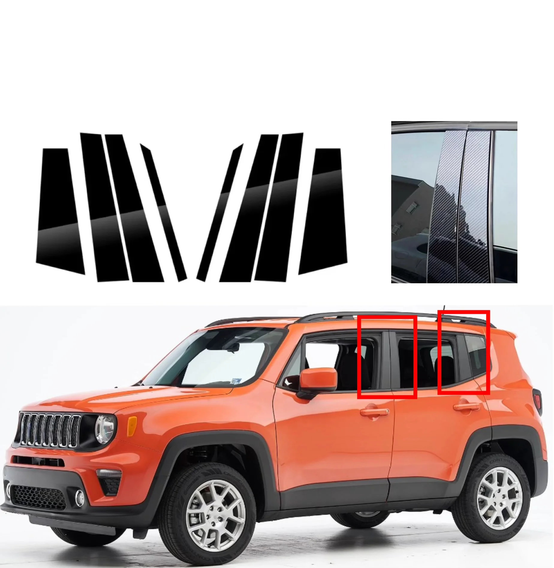 

8PCS Gloss Black Pillar Posts Silver Carbon Fit For Jeep Renegade 2015 2016-2020 Window Decor Door Side Mouliding Trim Cover