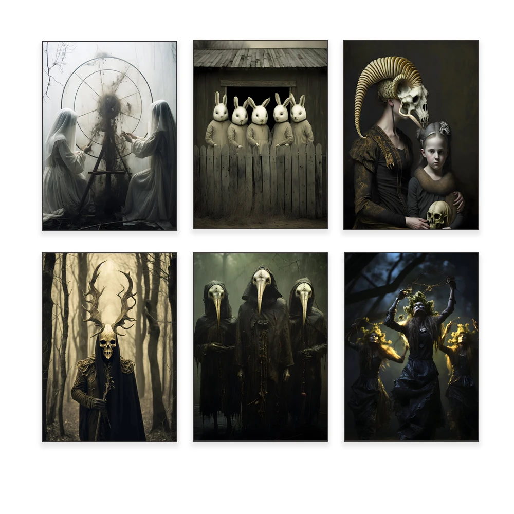 Gruselige Gothic-Kunst, Halloween-Poster, Gothic-Ziegen-Teufel- und Mädchen-Druck, Waldhexenfotografie, gruselige viktorianische Heimdekoration