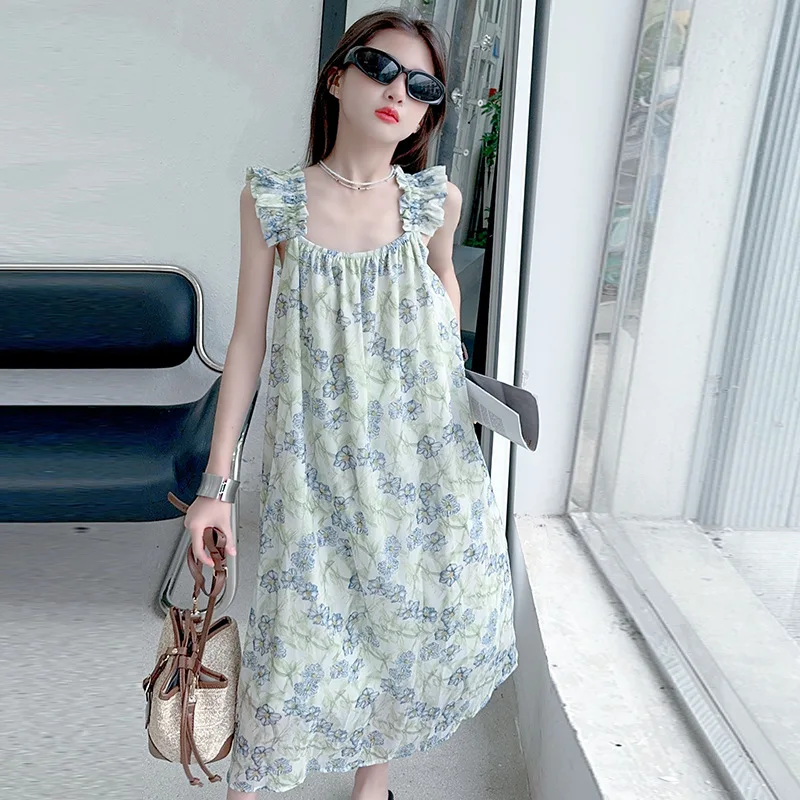 Girls 2024 Summer New Sweet Open Back Fragmented Flower Dress with Hanging Strap  A-line Dress Casual Long Dress