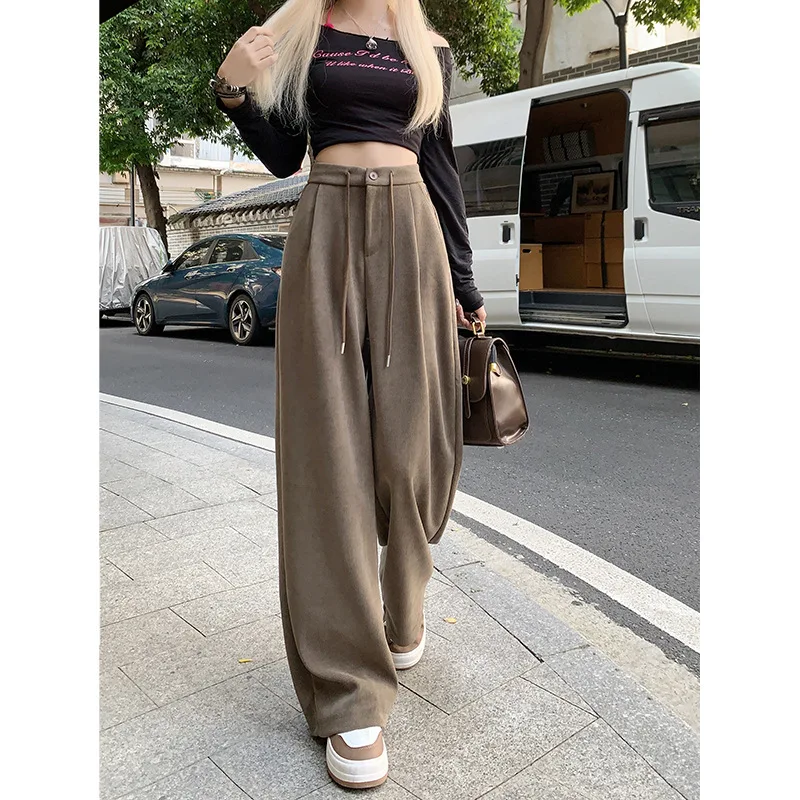 Women's Loose and Slim Wide Leg Casual Pants 2024 Korean Edition Design Feel Elastic Waist Drawstring Cotton Velvet Suit Pants