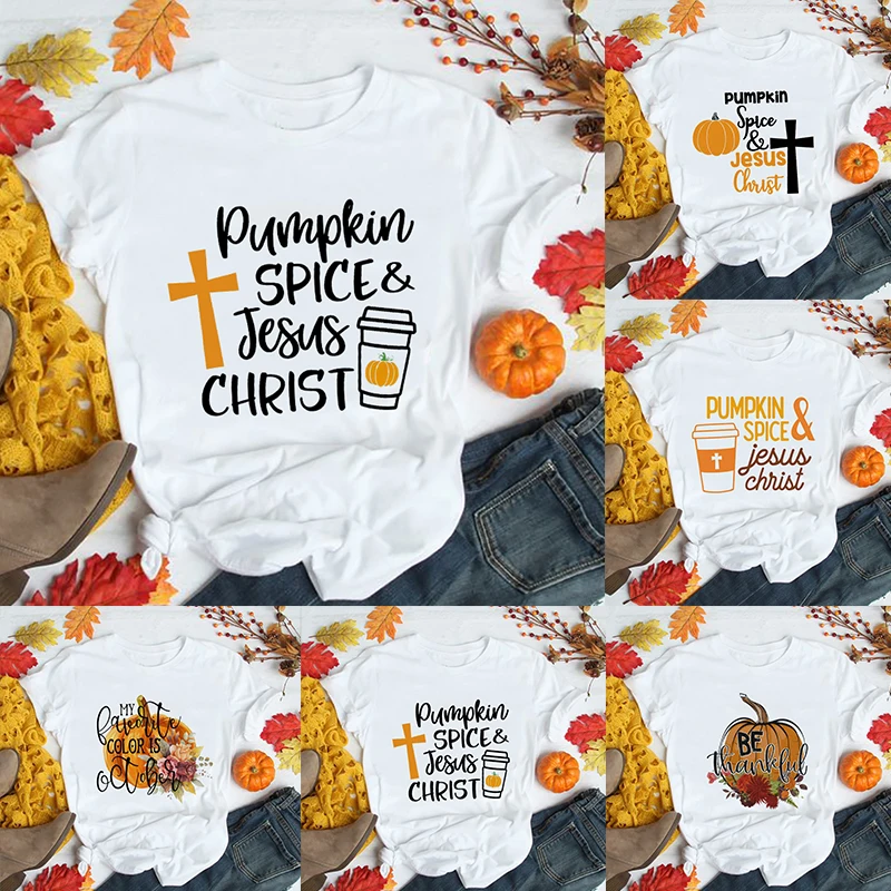 

Fall Pumpkin Jesus T Shirt Women Graphic T-shirt Harajuku Tops Tee Cute Short Sleeve Thanksgiving Tshirt Female Tshirts Gifts