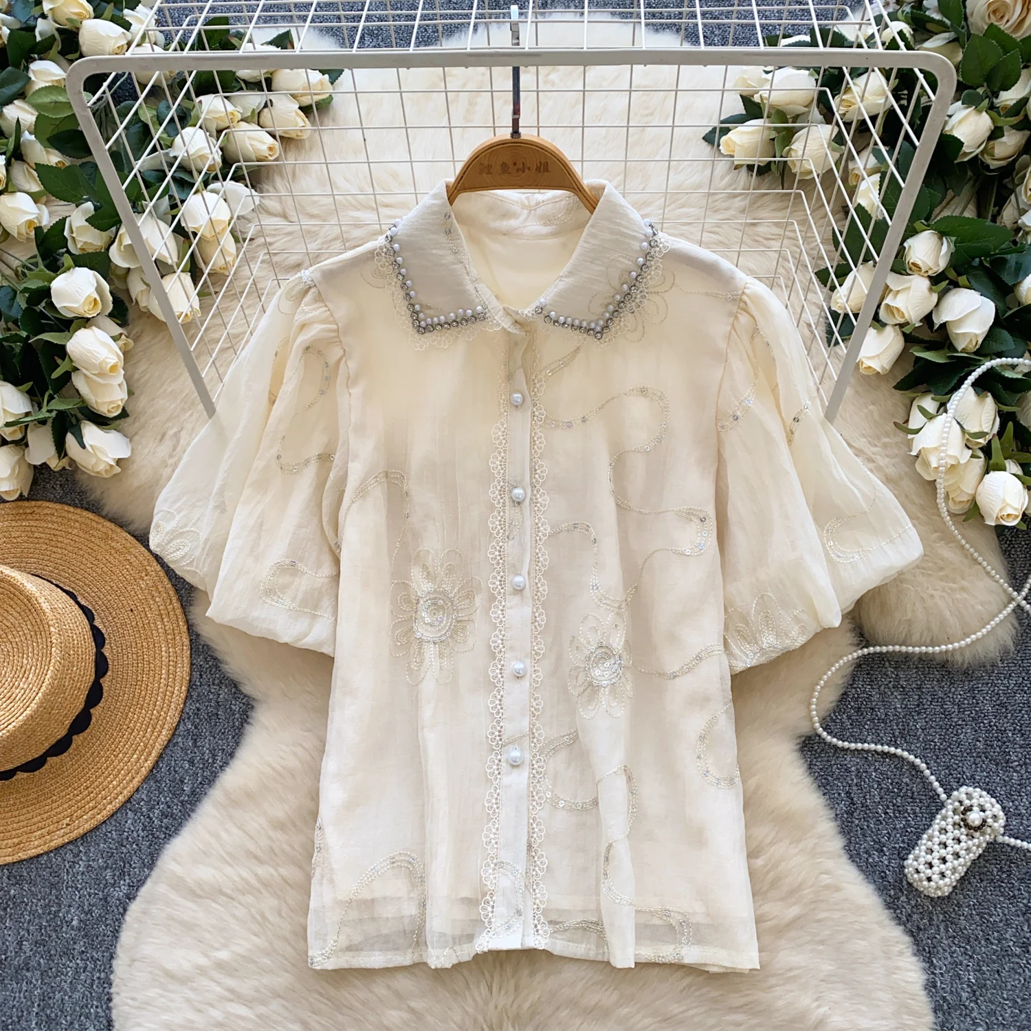 Camicetta vintage elegante con maniche a lanterna e paillettes con strass Camicia con scollo a polo alla moda Casual Chic Top Fairy Summer Women