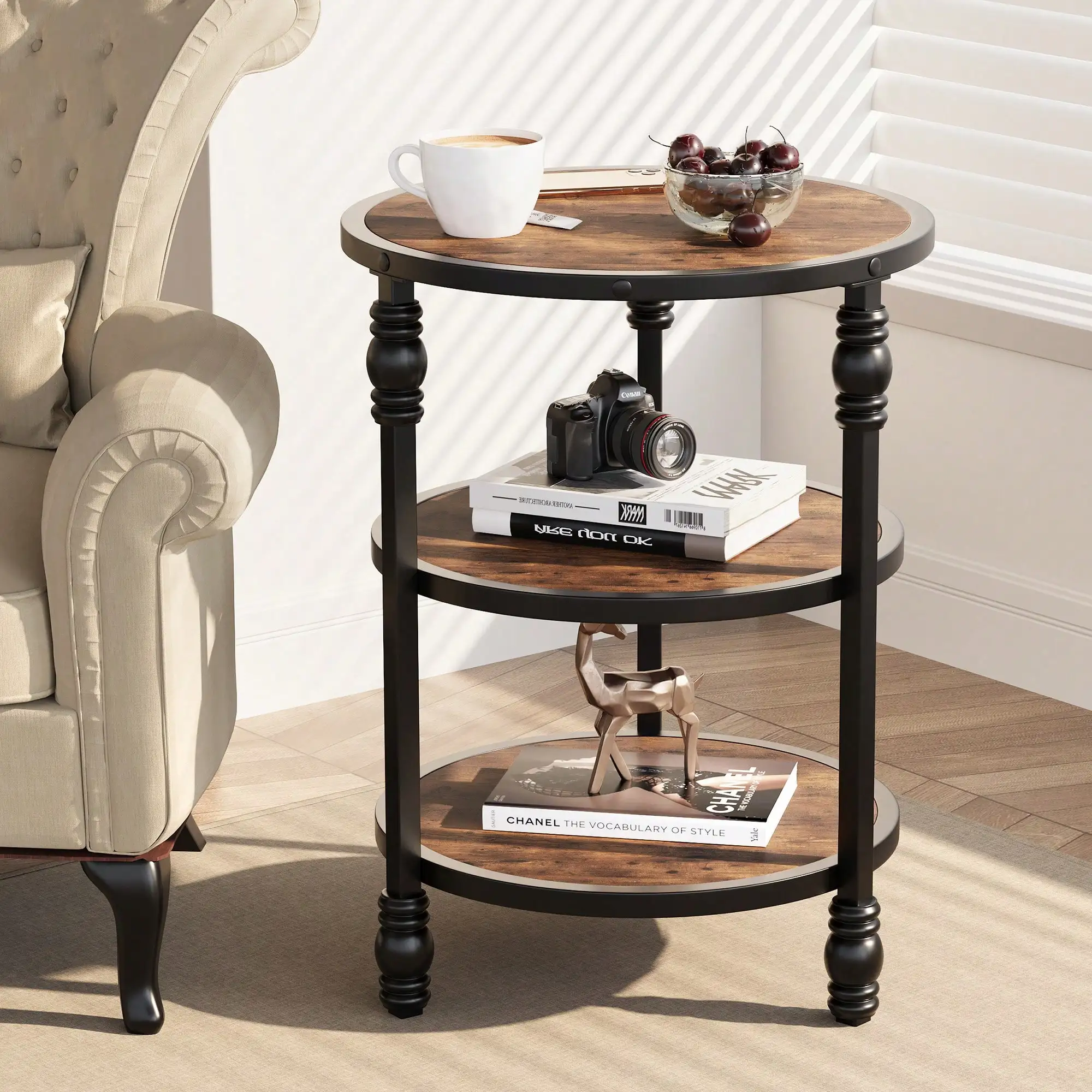 

3-Tier Round End Table Sofa Side Table with Storage Shelf and Metal Industrial Wood Bed Night Stand for Bedroom Living Room