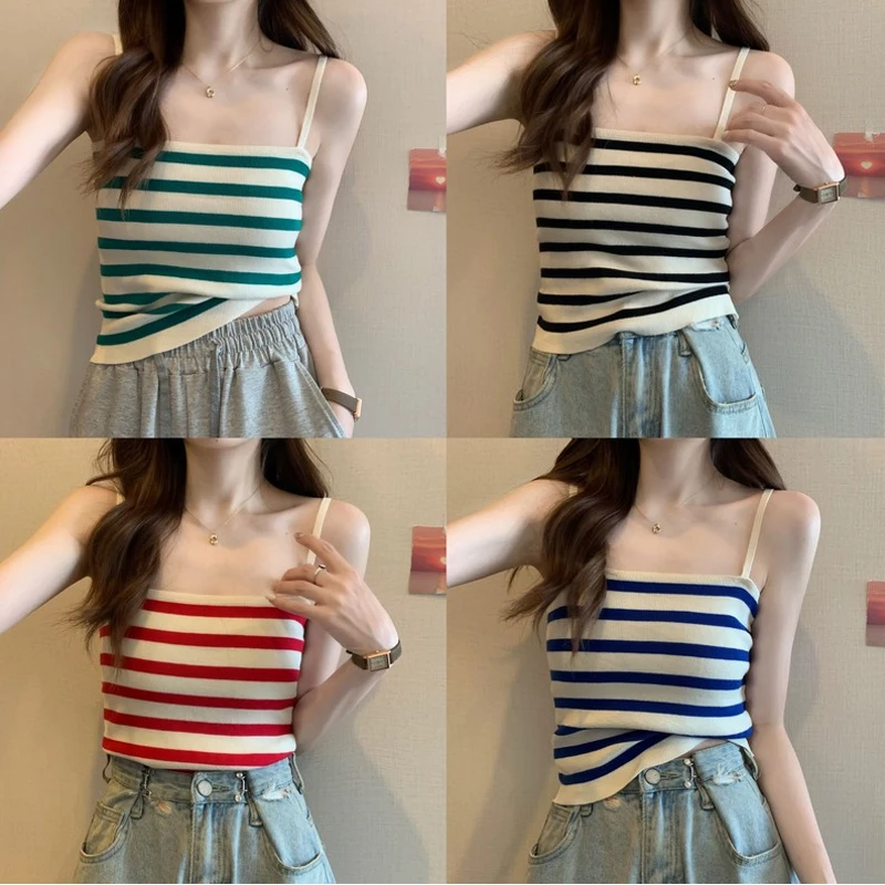 

New multi-color striped slimming look, worn inside and outside, soft and versatile sweater, camisole, vest