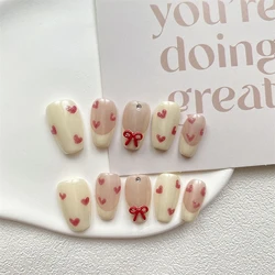 Handmade Press on Nails Full Cover Bowknot Heart Acrylic French False Nails Cute with Aurora Reusable Manicure Nail Kit Manicure