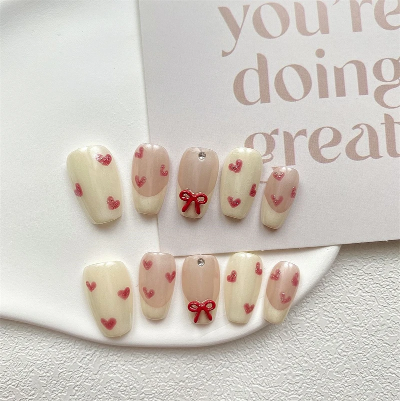 Ręcznie robiona prasa na paznokcie Full Cover Bowknot Heart Akrylowe francuskie sztuczne paznokcie Śliczne z Aurora Zestaw do manicure wielokrotnego użytku Manicure