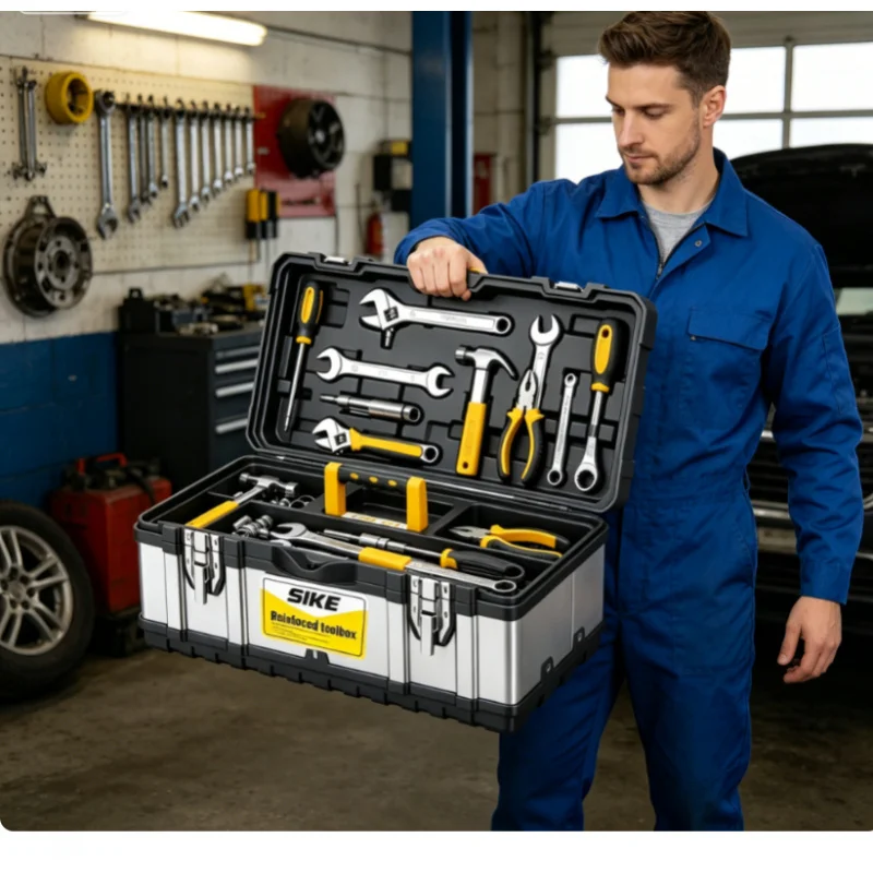 Image of Doppelschichtige Werkzeugbox aus Edelstahl, verdickt, sturzsicher, multifunktional, tragbarer Aufbewahrungskoffer für Haushaltswerkzeuge.