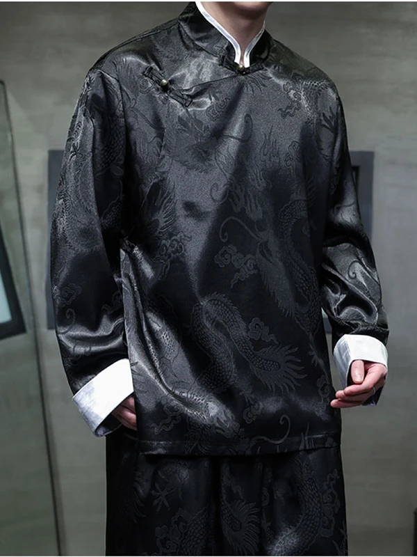 

Silk Satin Jaet Chinese Sle Young Men's Long Sve Stand Collar Dragon Pattern Embroidery Anti-Wrinkle Spring Autumn Out...