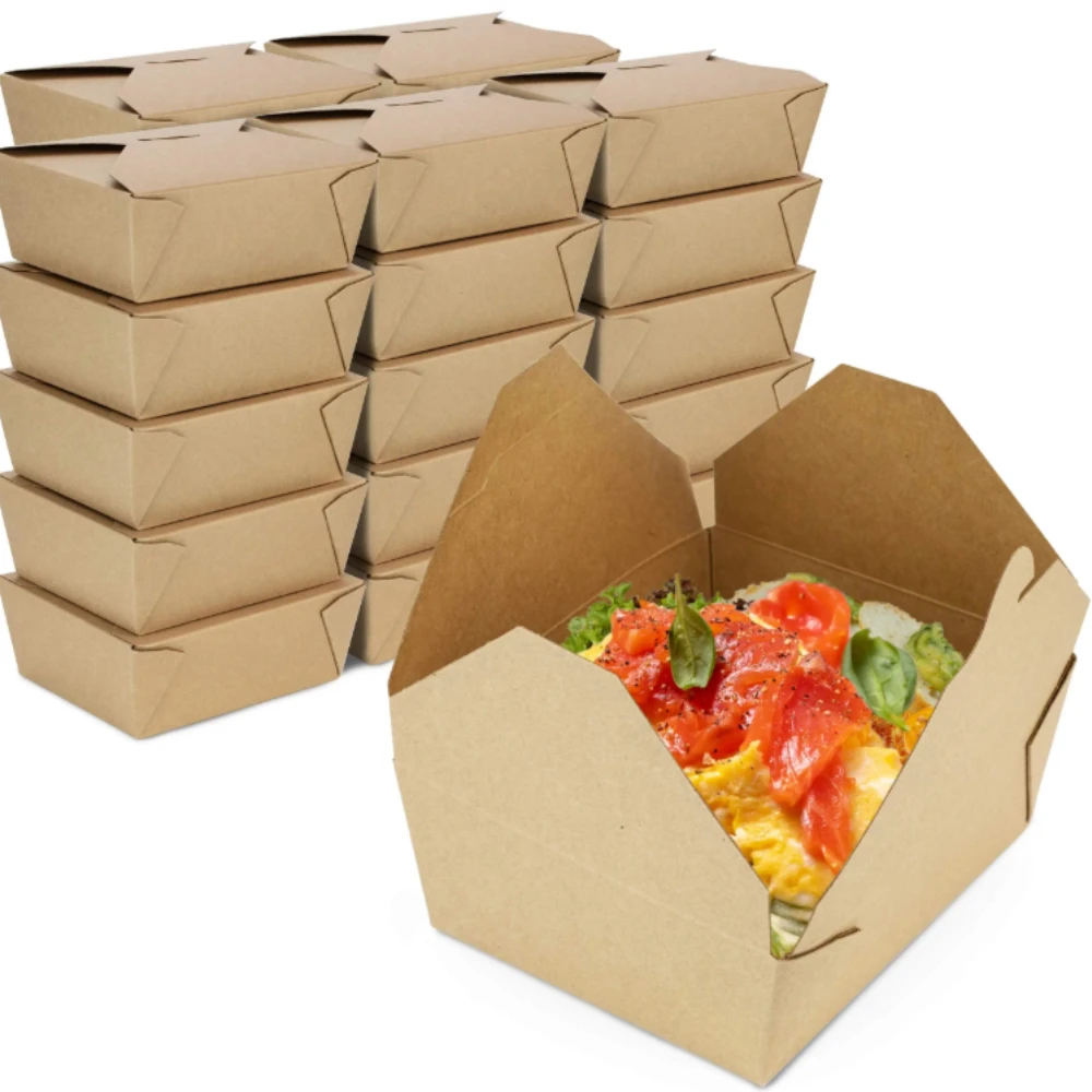 Multiple Disposable Kraft Paper Food Packaging Boxes, Leak Proof, Suitable for Restaurants, Catering Services, and Parties.