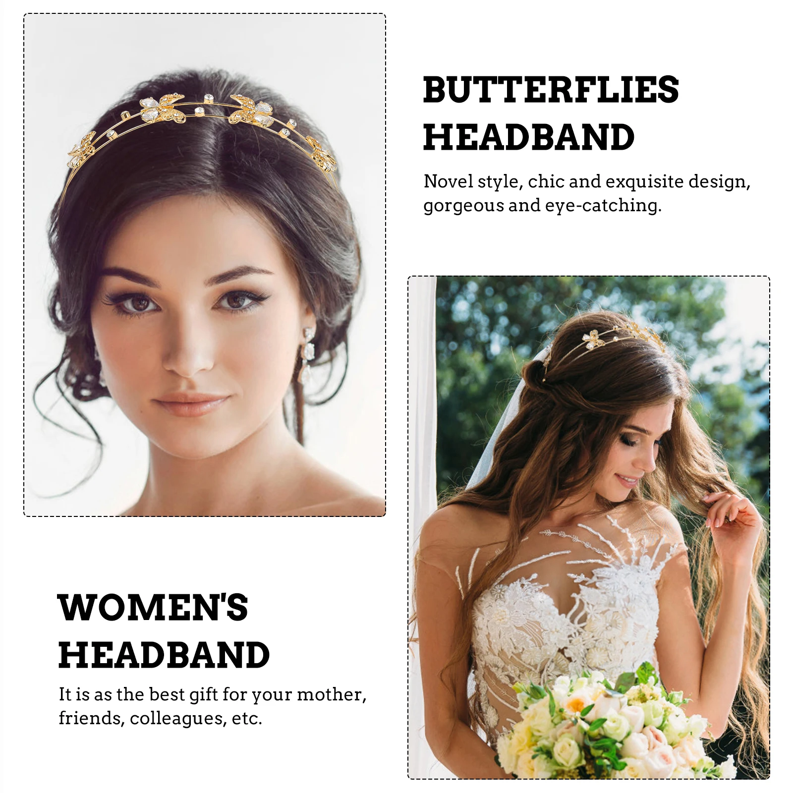 

Rhinestone Butterflies Headband Zinc Alloy Hair Hoop For Women Girls Party Wedding Bridal Wear Double Band Headdress Hair