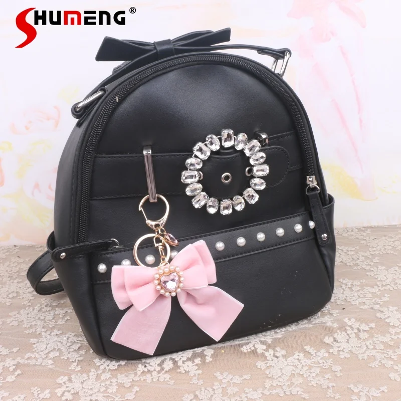 Lolita Sweet Bag Accessories Woman Cute Original Velvet Love Pearl Rhinestone Big Bow Keychain Bags Accessory Pendant Handmade