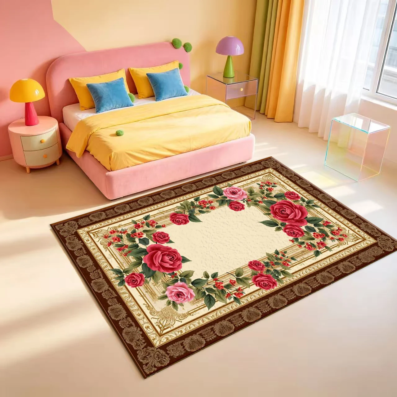 Vintage European Frame Red Rose Floral Art Carpet Flooring Classic Ornate Area Rug For Indoor Home Floor Ornament