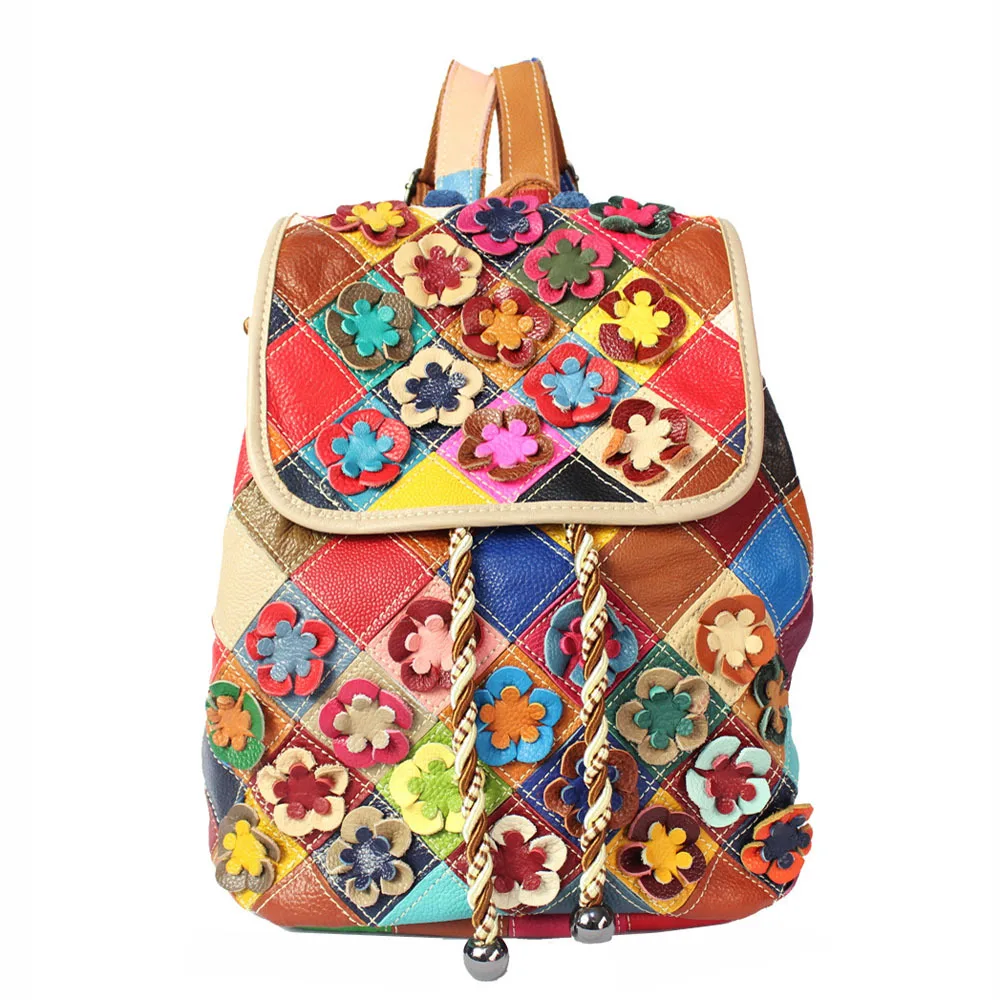 

Vintage Genuine Leather Backpack Women Floral Pattern Ladies Travel Bag Anti-theft Real Cow Leather Bagpack