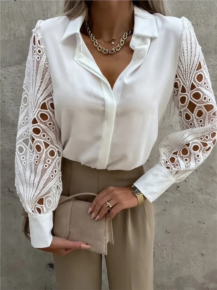 Spring Summer New Women\'s Solid Lace Shirt Top Fashion Turn-down Collar Long Sleeve Tops Elegnat Casual Shirts Female Holiday