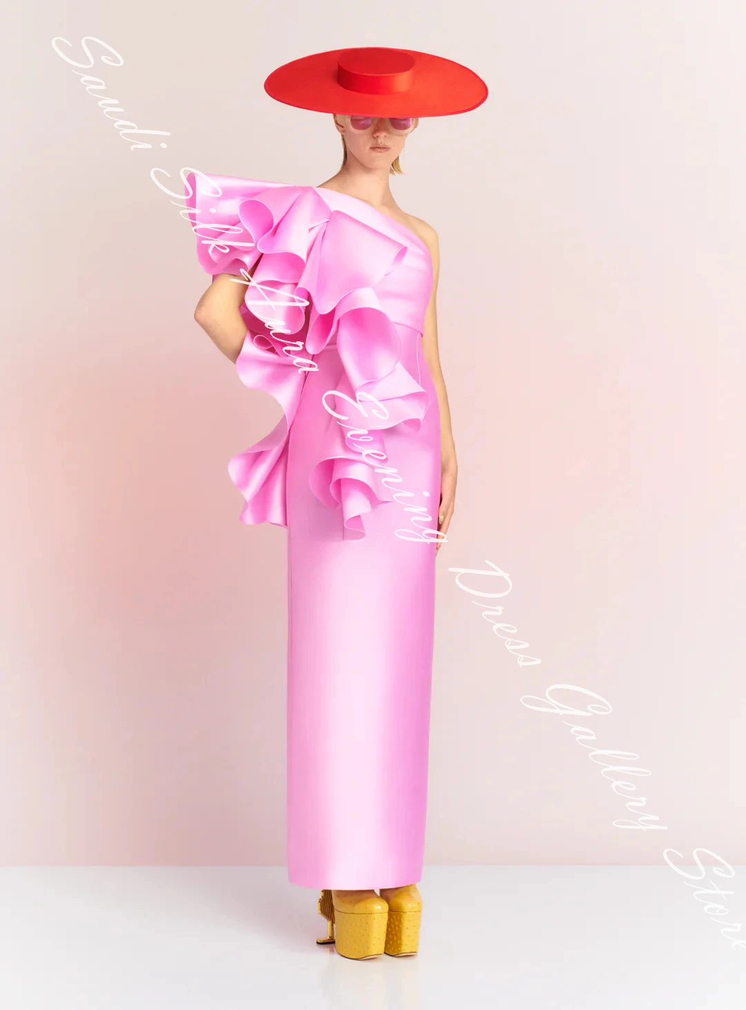 Formal Satin Straight One Shoulder Ruffles Evening Dress Back Slit Floor Length Sleeveless Solid Color Vestidos de fiesta