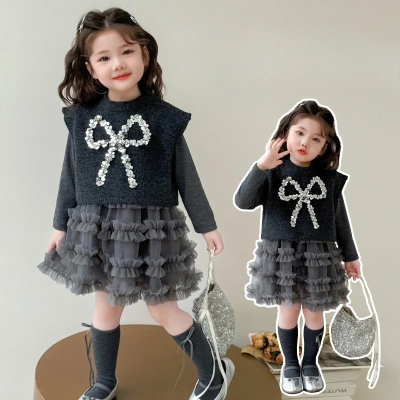 

Вязаный жилет для девочек, комплект платья, весна-осень 2024, новая мода, детский корейский модный комплект из двух предметов для маленьких девочек