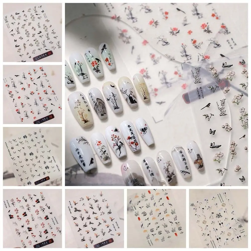 DIY Nail Charms Chinese Ink Nail Stickers Nail Art Supplies Chinese Character Crane Nail Decals Painting Sunset