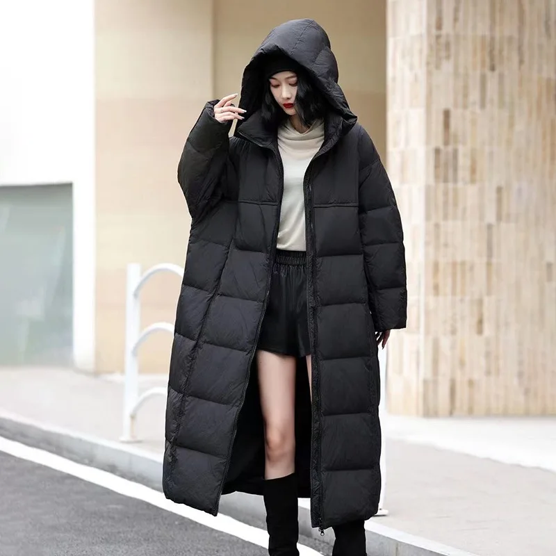 

Winter Oversize Long Hooded Down Jacket Women 90% White Duck Down Drawstring Down Jacket Female Warm Parker Knee Length Outwears
