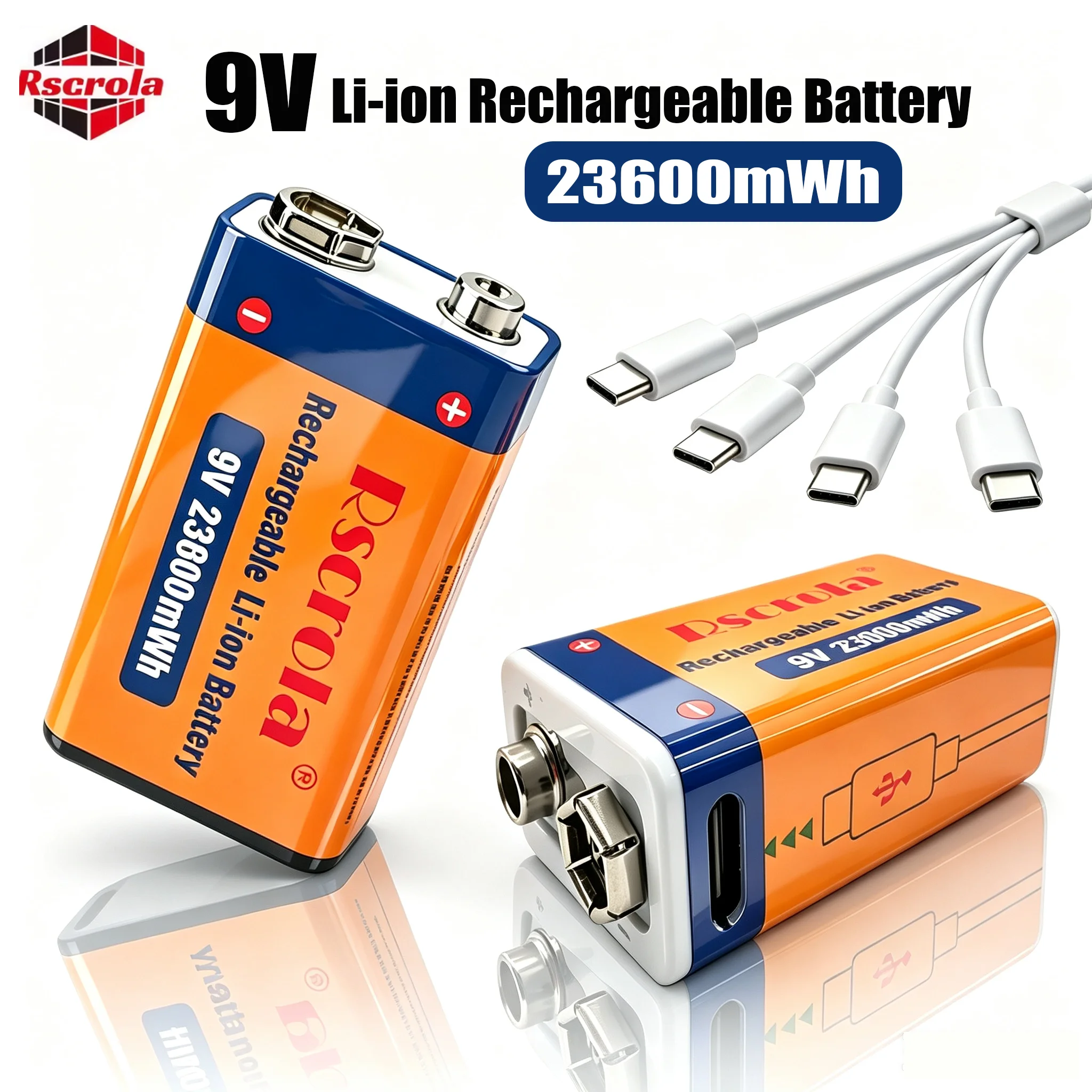 USB Rechargeable 9V Lithium ion Battery 23600mWh High Capacity Type-C Fast Charging for Guitar Microphone Toys Pedal with Cable