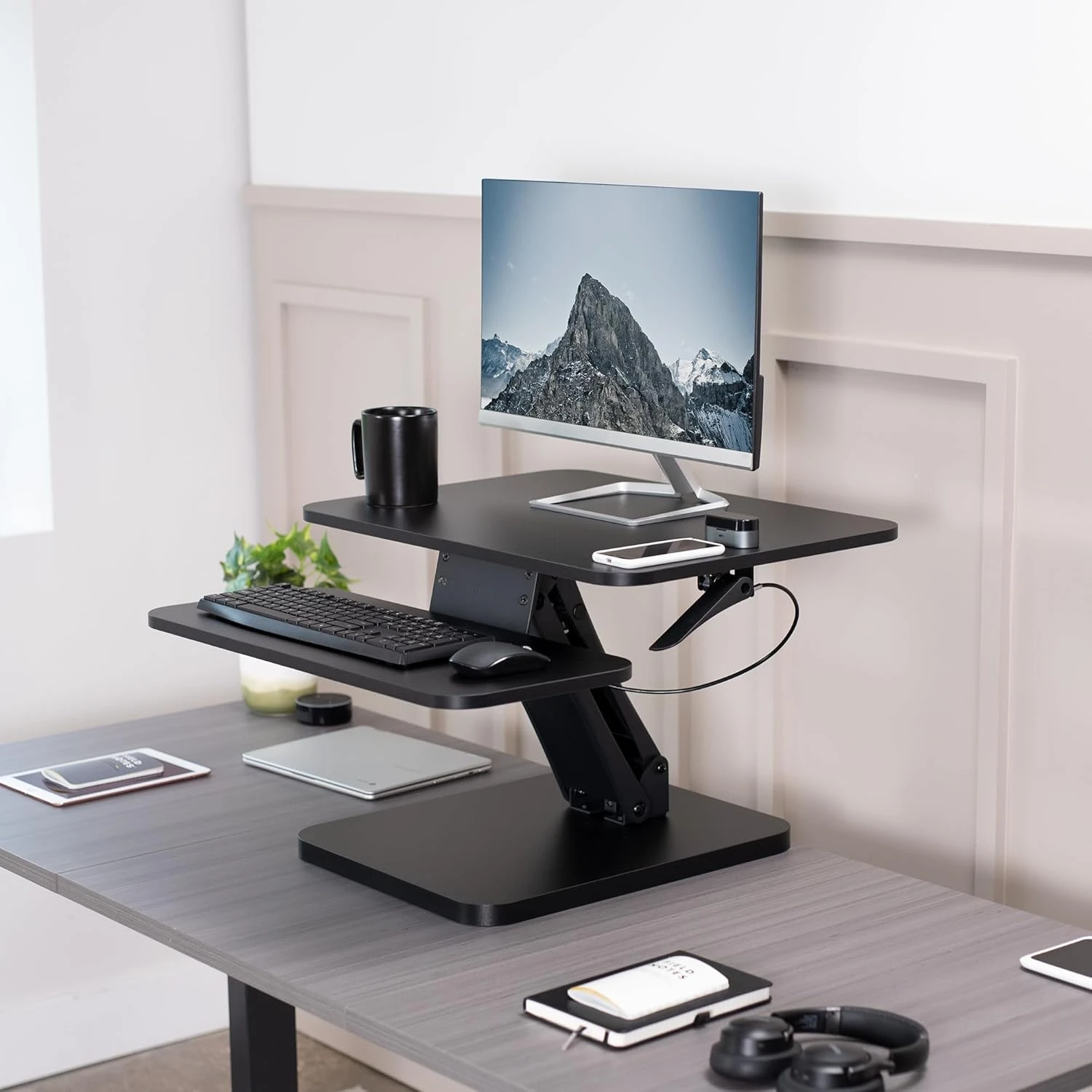 Black Height Adjustable 25 inch Standing Desk Converter, Compact Sit Stand Tabletop Monitor Riser Workstation