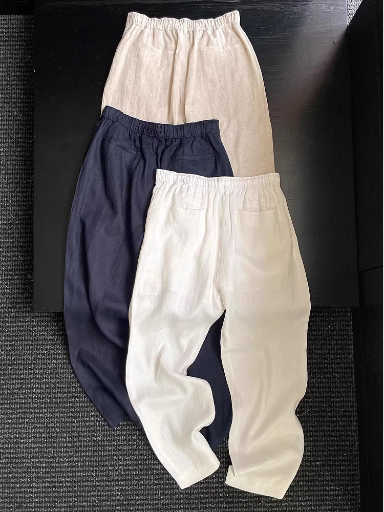 

White Linen Trousers Men Summer Thin Straight Leg Cleanfit Cotton Linen Knife Pants Casual Loose Fit Button Waist