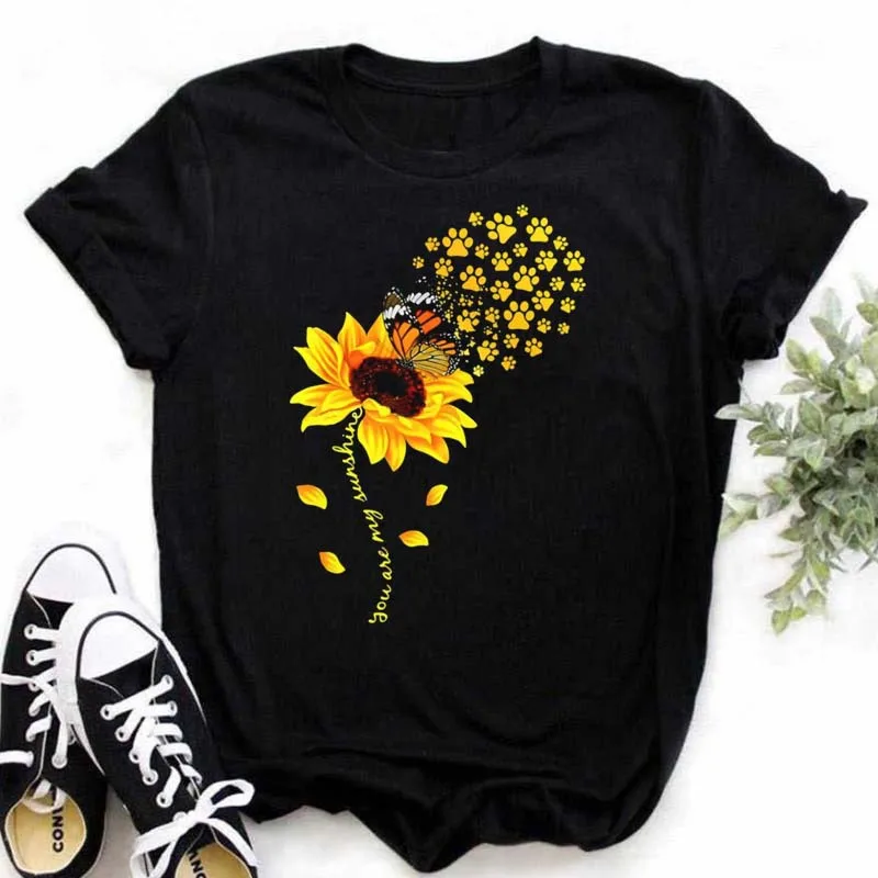 Cotton 100% Comfortable Casual Women's Black Top Women's T-shirt Casual Sunflower Butterfly Print Oversized T Shirt  Tops