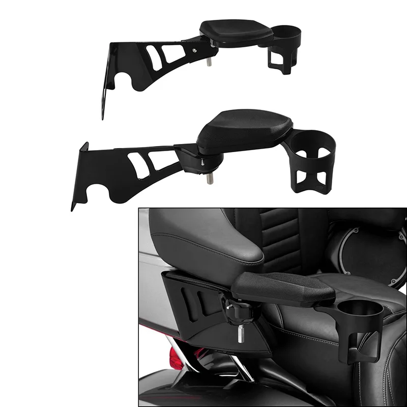 Adjustable Rear Passenger Armrests w/ Drink Holder Fit For Harley Road King Glide Touring 1997-2013