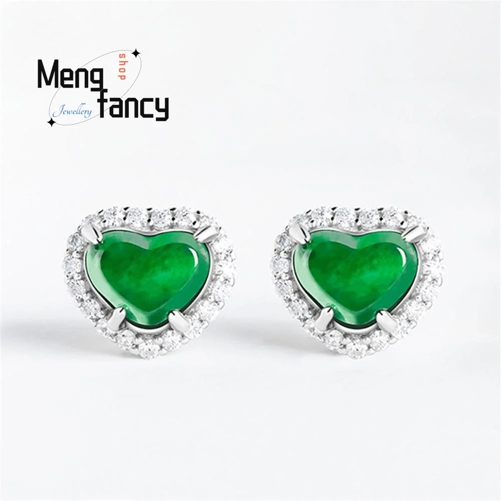 S925 Silver Inlaid Natural A-goods Jadeite Yang Green Heart-shaped Earrings High-grade Fashion Exquisite Elegant Luxury Jewelry