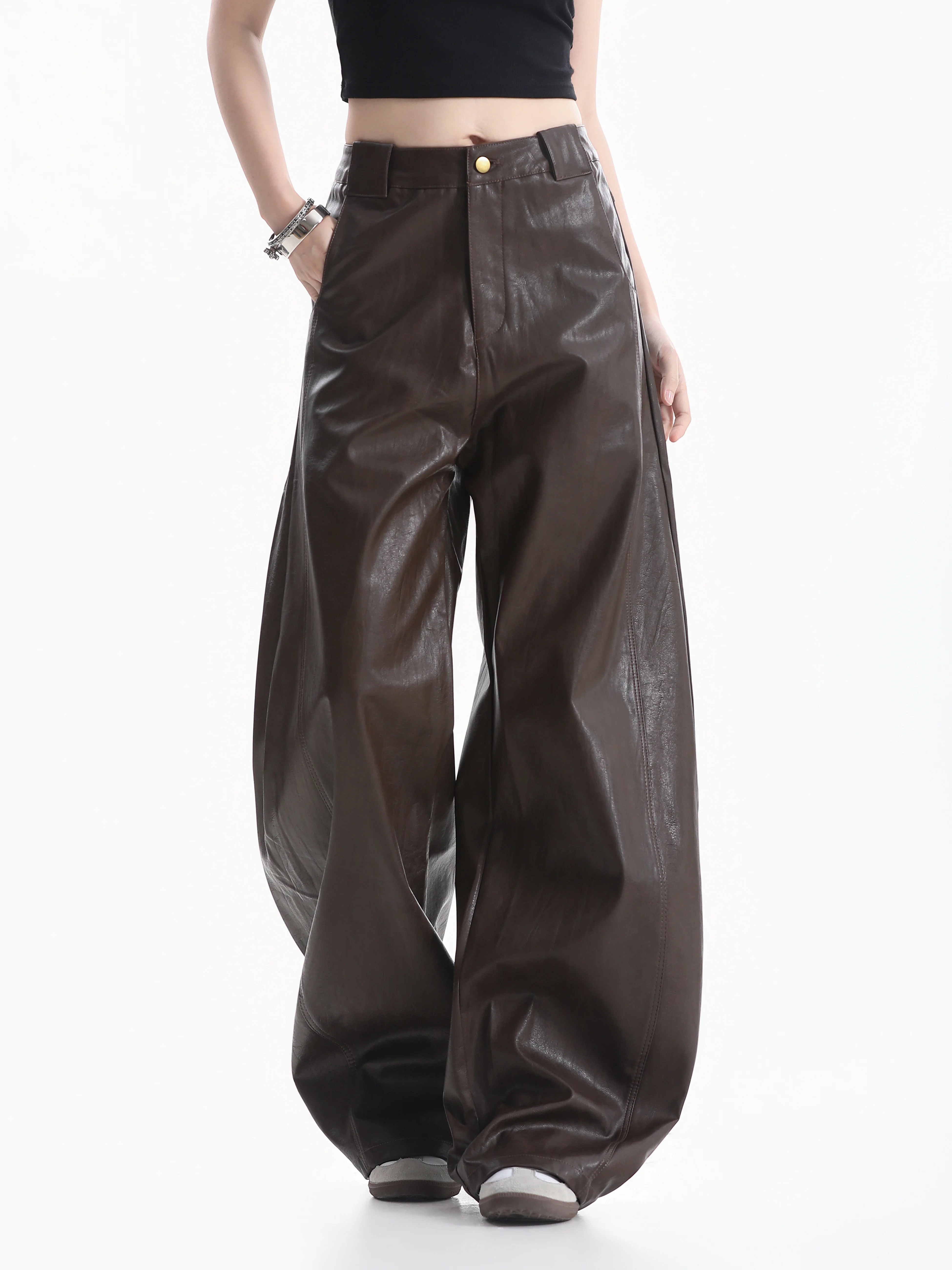 Cleanfit Design Sensation Street Style Wide Leg Leather Pants Couple Casual Pants Bend Knife Pure Color Natural Waist