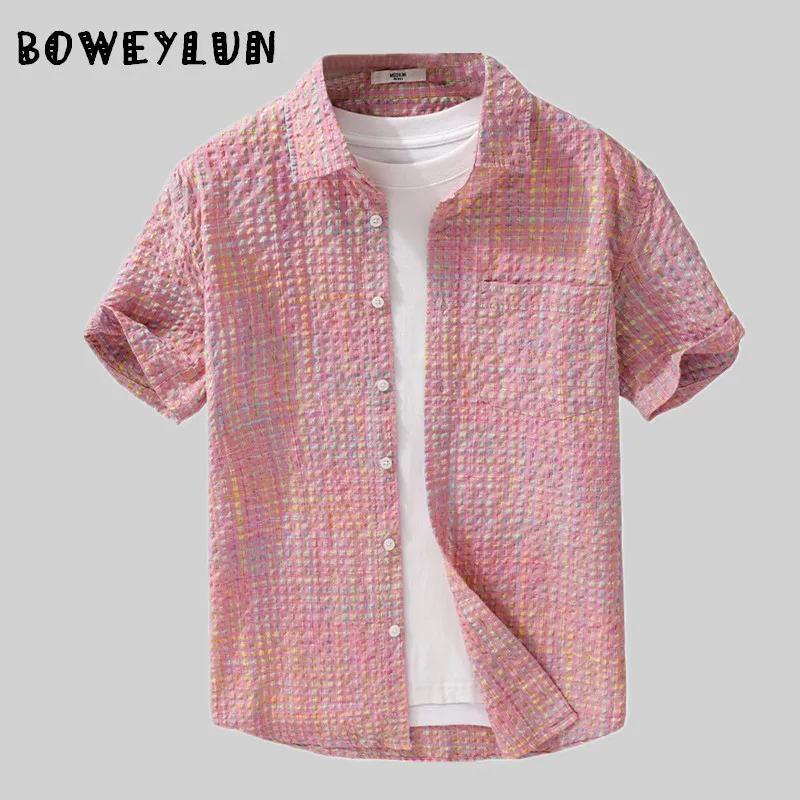 

BOWEYLUN Japanese-style Summer Checkered Bubble Short-sleeved Shirt for Men Comfortable and Breathable Casual Blouses Boys