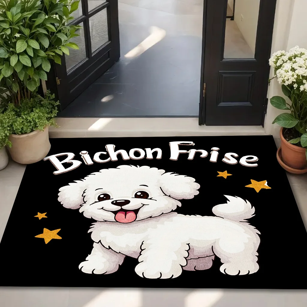Cute Bichon Frise Door Mat, Cartoon White Puppy Floor Rug, Pet Lover Welcome Carpet, Non-slip Home Entrance Decor for Dog Owners
