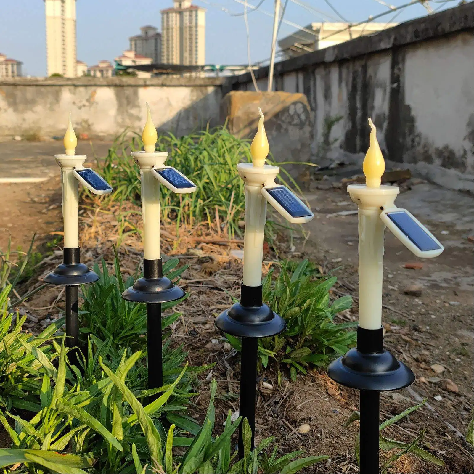 D9 4Pcs Flickering LED Tapered Candlestick Warm White Light Dusk to Dawn Sensor IP65 Waterproof Solar Powered Candles Outdoor