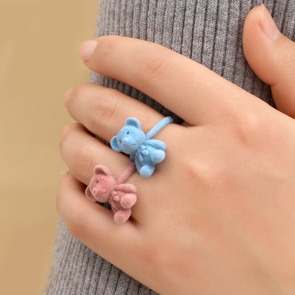New Flocking Bear Open Ring Sweet Cute Bears Adjustable Rings Cartoon Index Finger Rings Handmade Niche Design Korean Jewelry