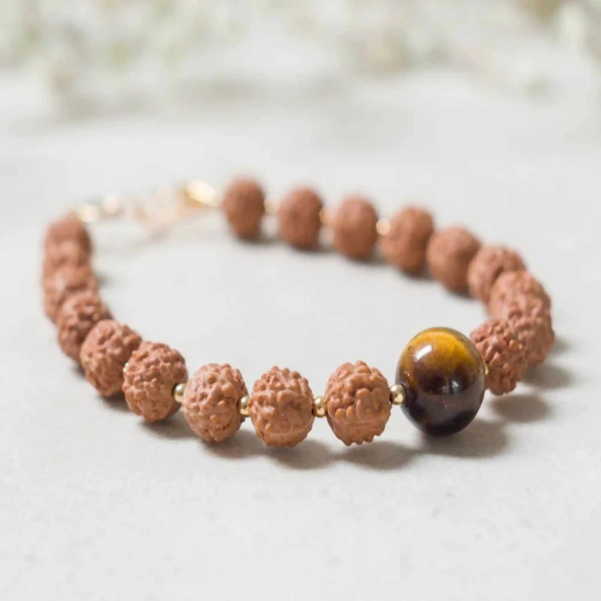 

Natural 6mm brown Rudraksha 10mm Tiger's eye 14K Gold fill bracelet Wristband Lucky Prayer Meditation Restore Pray Chain spread