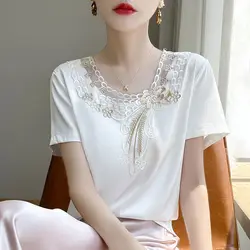 New Summer Women's Solid Color Splicing Lace O-Neck Short Sleeve Loose Satin Pullovers Temperament Trendy Comfortable Tops