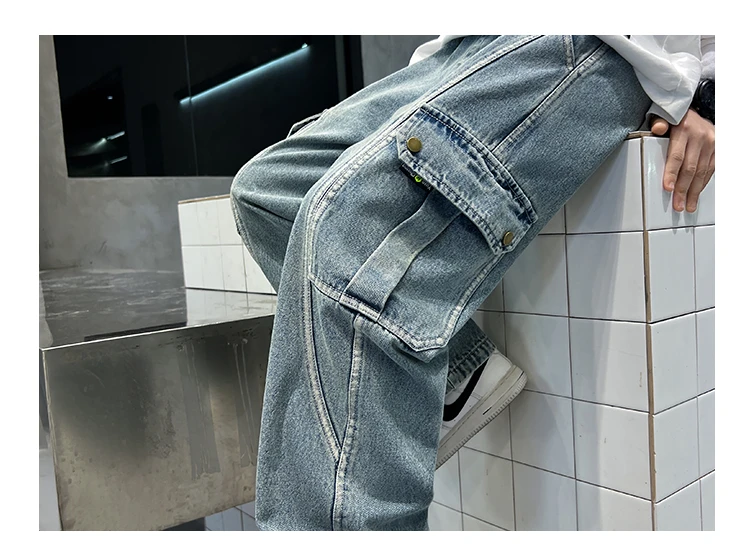 Neue lässige Kinder-Cargo-Jeans mit geradem Bein und Taschen für Teenager-Jungen, modische Street-Denim-Hosen, elegante Hosen für Kinder. – Detail 18