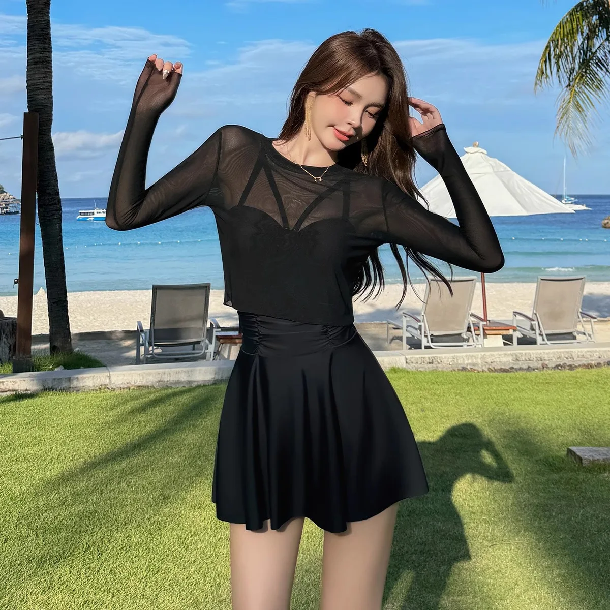 2024 New Women's Swimwear Pure Desire Black One-piece Swimsuit Women's Covered Flesh Skinny Skirt