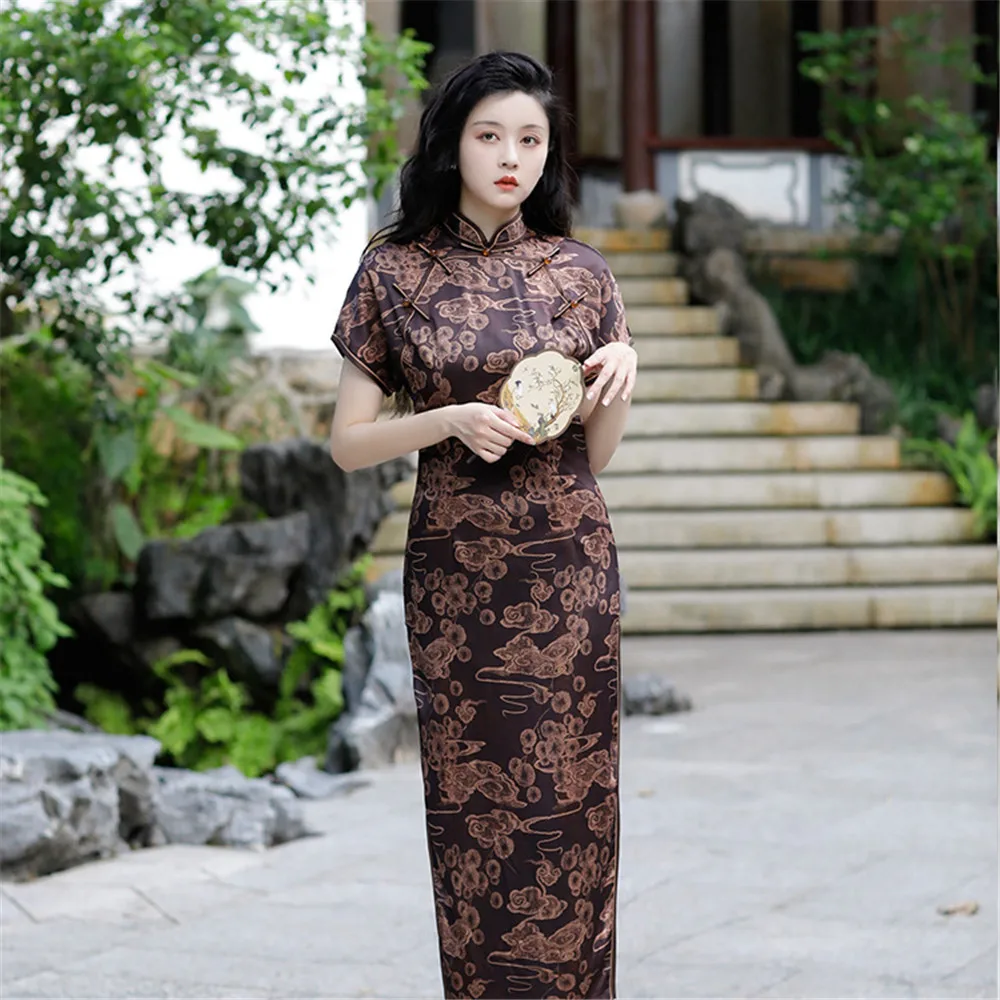 

Chinese Traditional Mandarin Collar Qipao Dresses Long Cheongsam Lady Sexy Elegant Satin Vestidos Oriental Dress