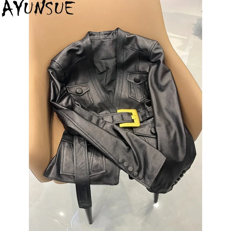 AYUNSUE Vegetable-tanned Oil-wax Sheepskin Leather Jackets for Woman Loose Fashion V-neck Black Jacket Woman Clothes Jaqueta