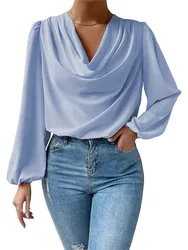Spring Autumn New Women's Clothing Chiffon Long Sleeve Shirt Loose Drawn Fold Fashion Lantern Sleeve Sexy V-neck Top T-shirt