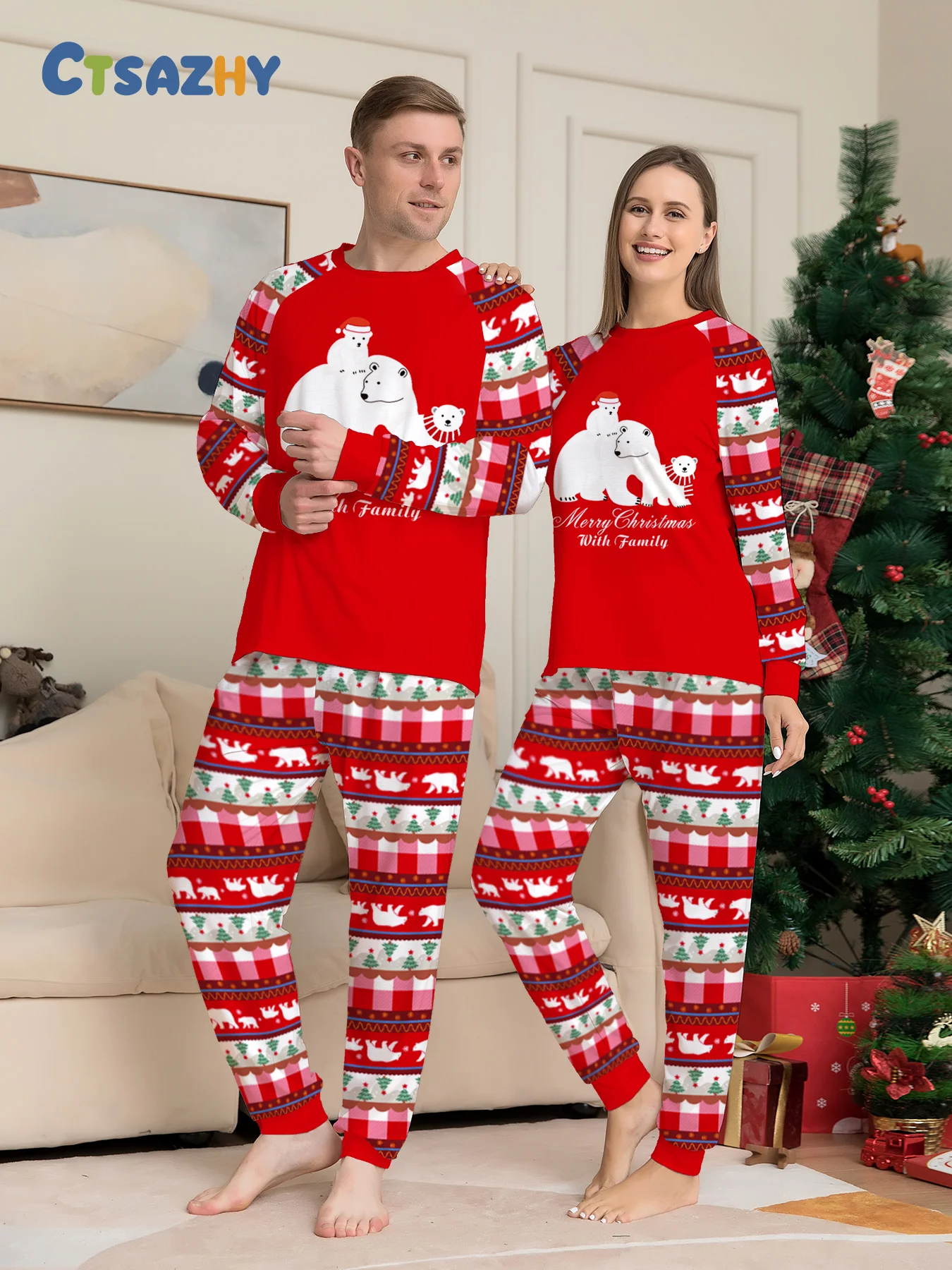 

Christmas-themed Couple Loungewear: Red Sets with Polar Bear & Checkered Patterns, Cozy Holiday Choice