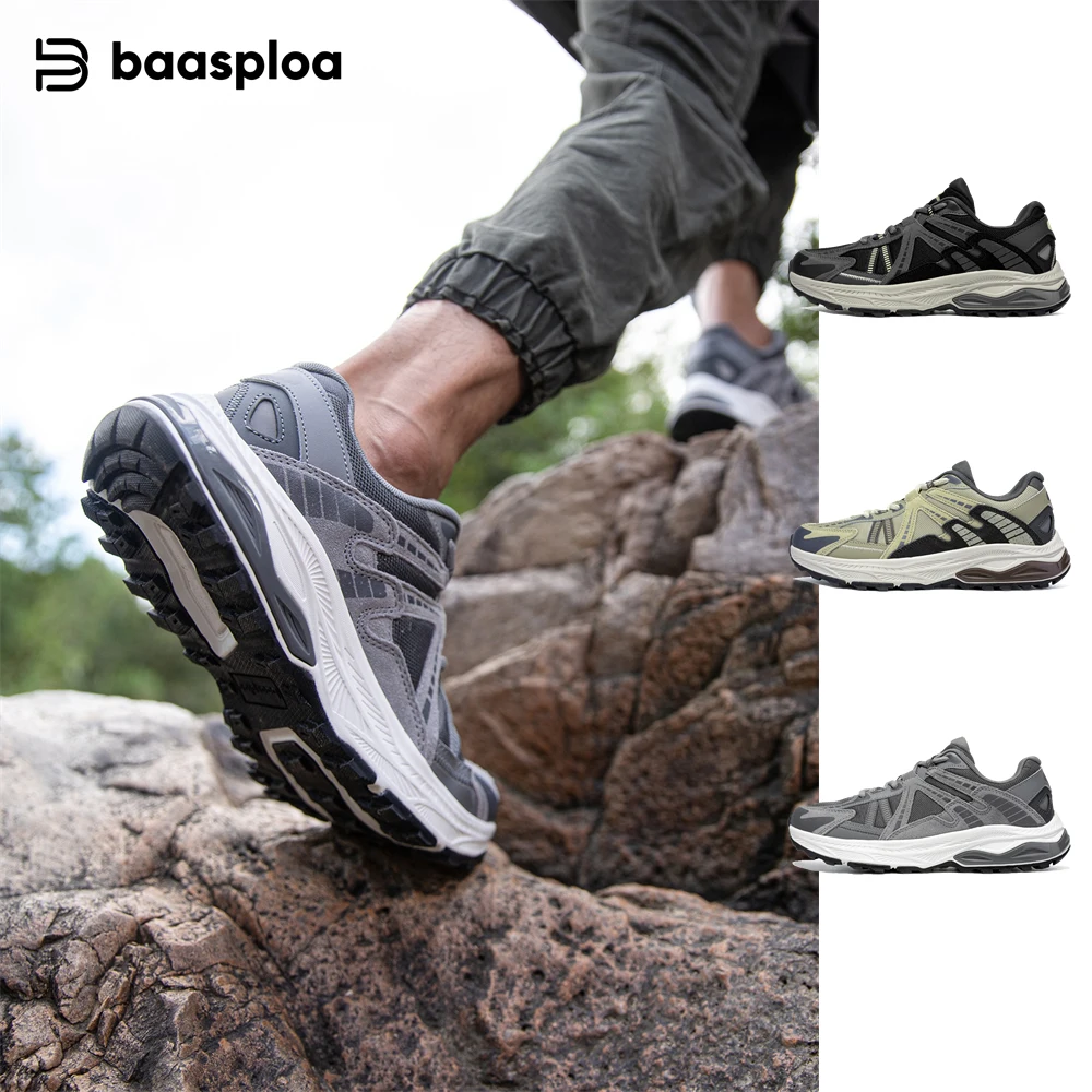 

Baasploa Men Running Shoes Jogging Footwear Classic Style Microfiber Leather Mesh Lace-up Outdoor Non-Slip Camping Sneakers